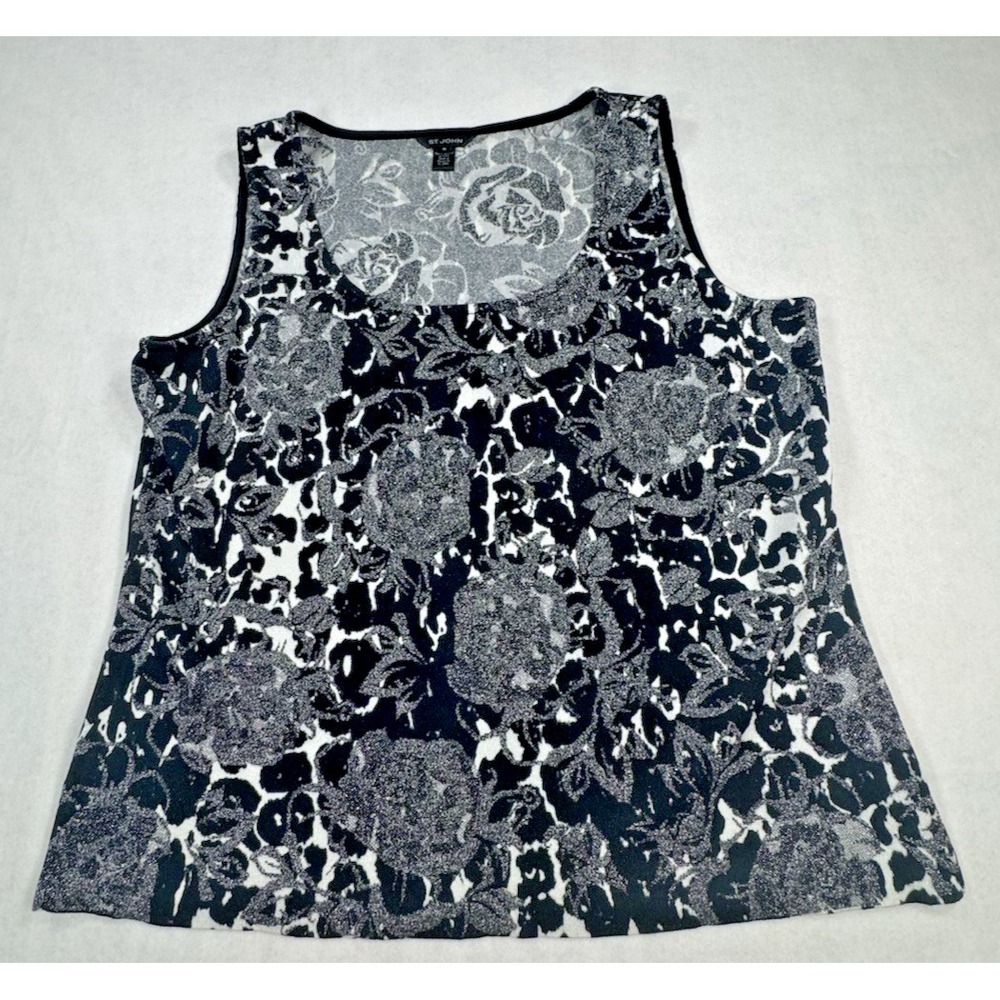 St John XL Black White Silver Floral Knit Shell Sleeveless Top Rayon USA Luxe - Picture 5 of 16